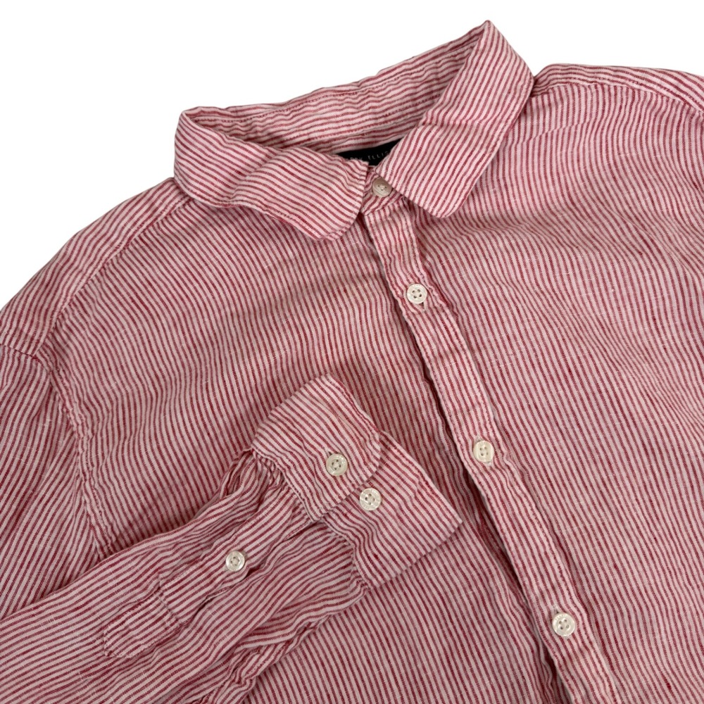 Perry Ellis Mens XXL 2XL Red White Striped 100% Linen Button Up Shirt Roll Tab